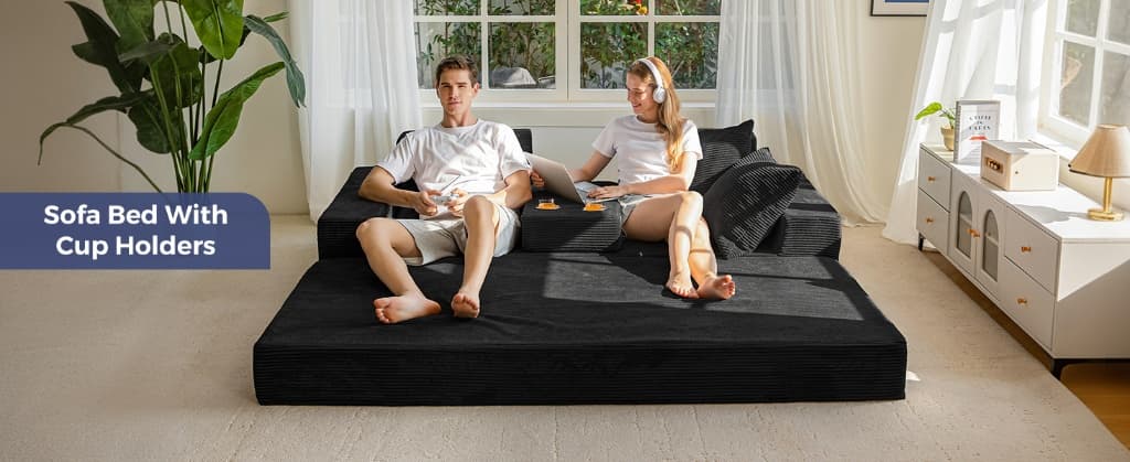 Evvo Cloud Loveseat in sofa bed mode with cup holders